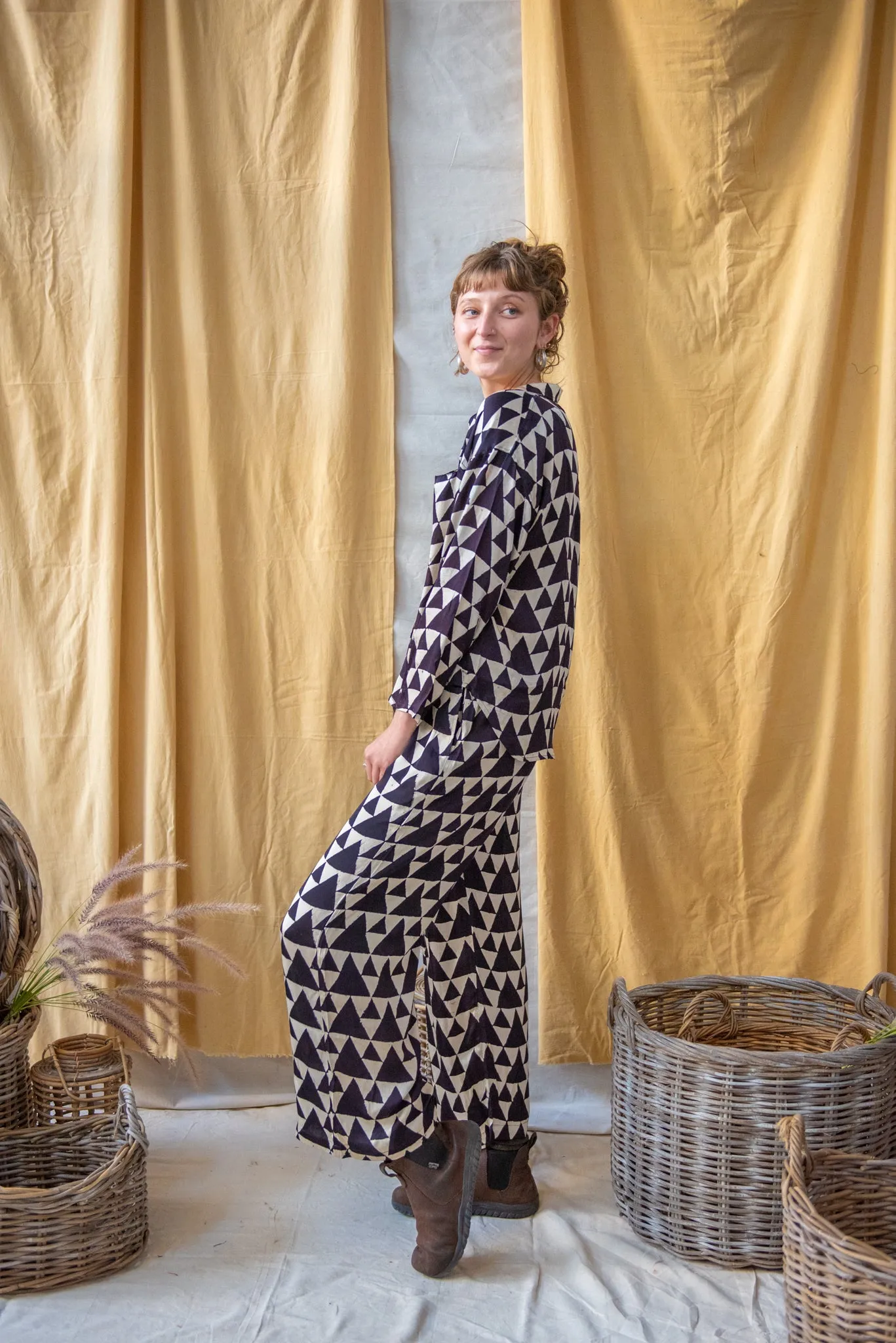 Long Sleeve Boxy Collared Shirt Ajrakh Silk Triangle Print