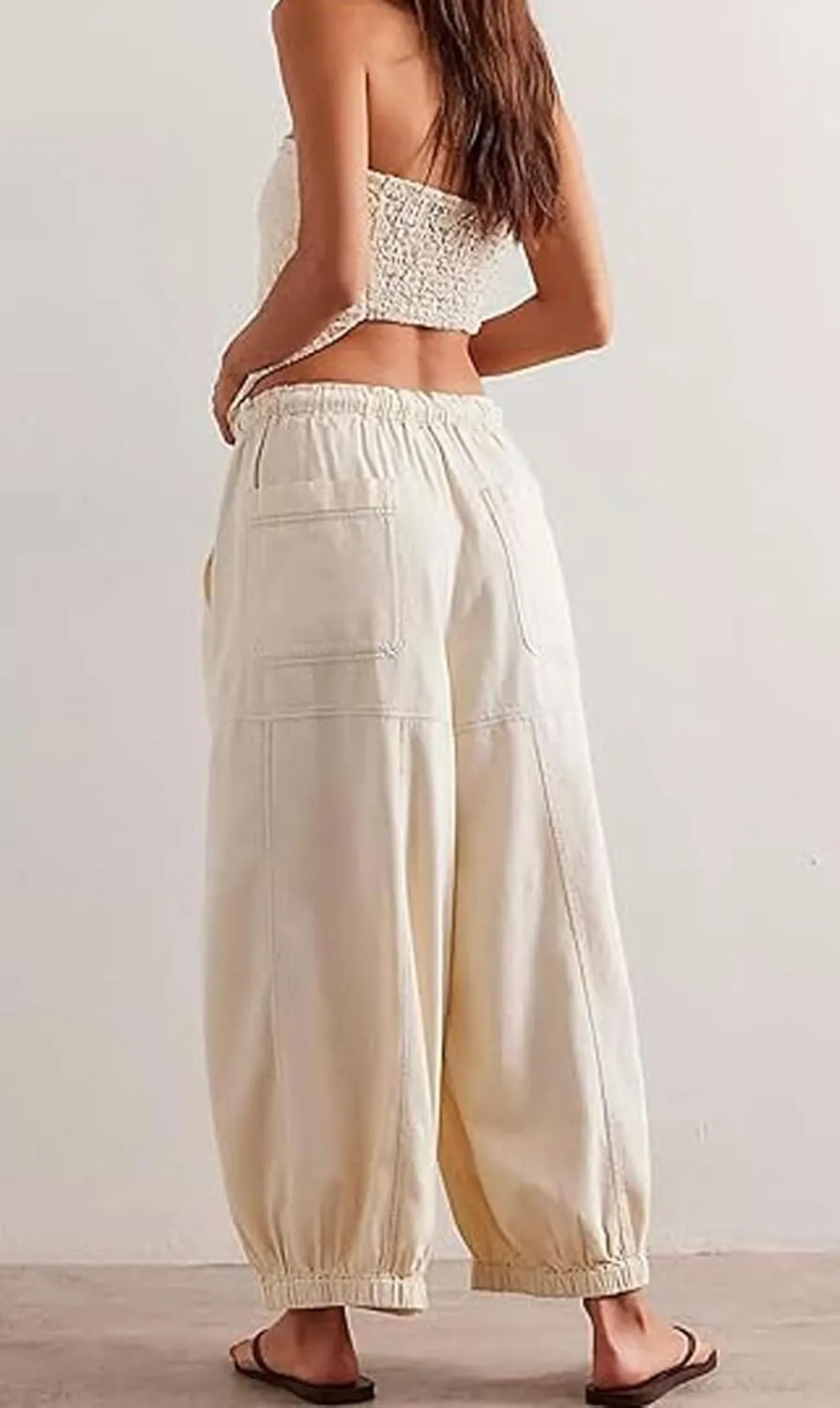 loveimgs Women Baggy Jeans Elastic Waist Cargo Denim Pants Y2k Patchwork Wide Leg Barrel Jeans Drawstring Harem Pants