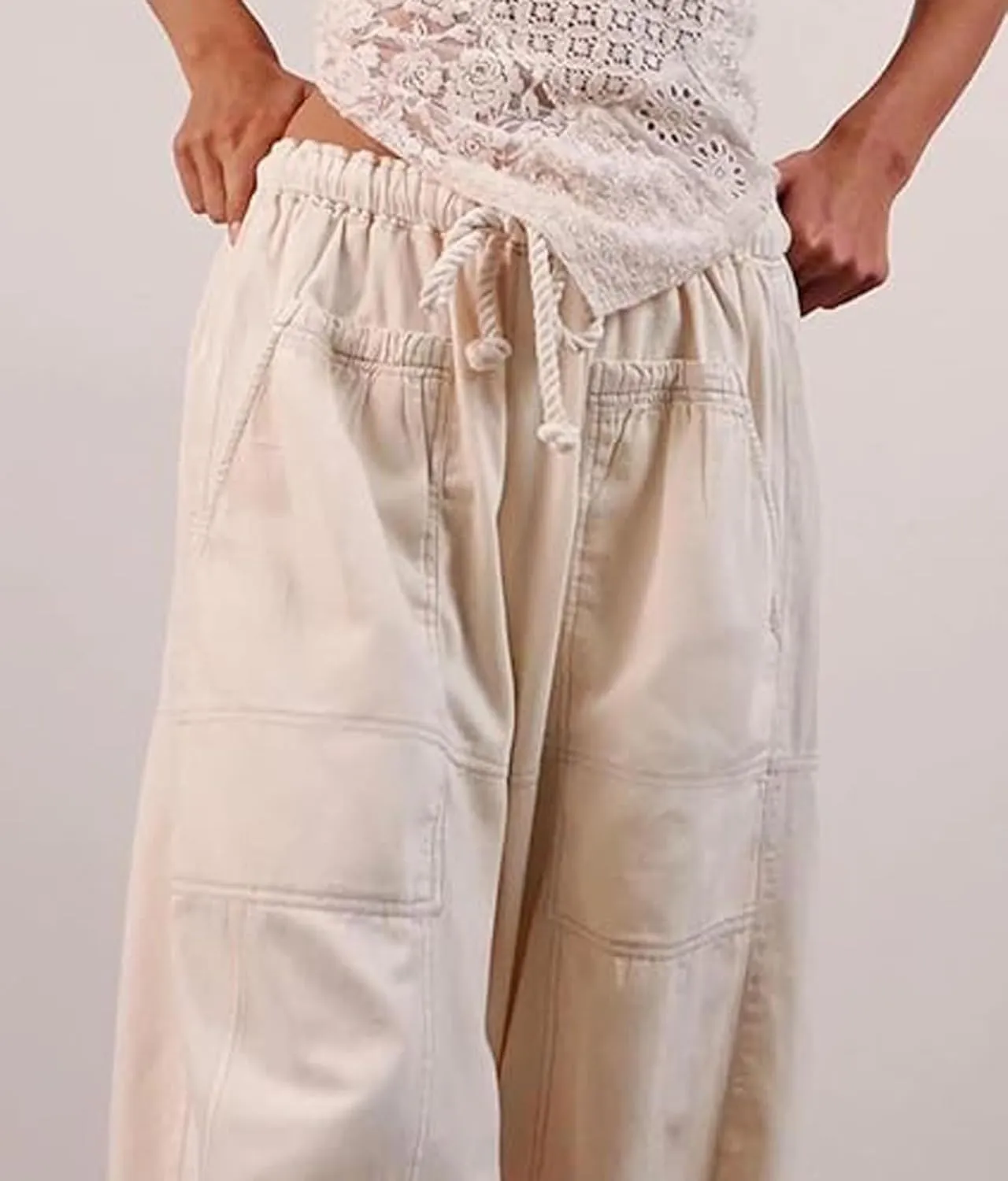 loveimgs Women Baggy Jeans Elastic Waist Cargo Denim Pants Y2k Patchwork Wide Leg Barrel Jeans Drawstring Harem Pants