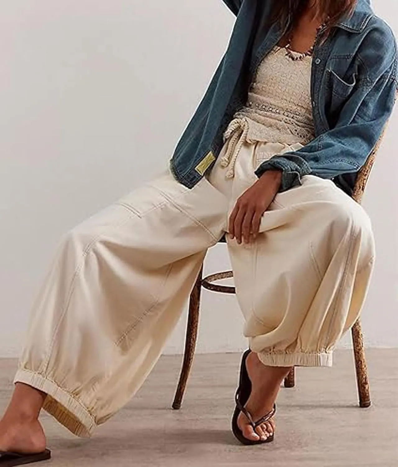 loveimgs Women Baggy Jeans Elastic Waist Cargo Denim Pants Y2k Patchwork Wide Leg Barrel Jeans Drawstring Harem Pants