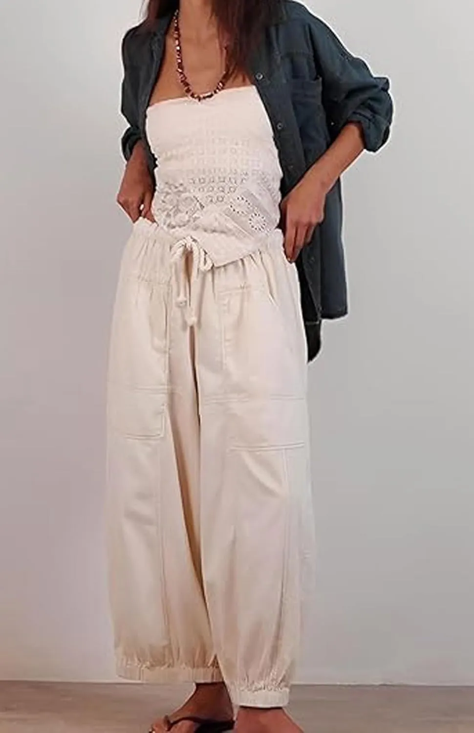 loveimgs Women Baggy Jeans Elastic Waist Cargo Denim Pants Y2k Patchwork Wide Leg Barrel Jeans Drawstring Harem Pants