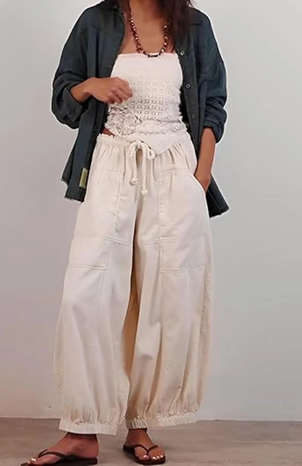 loveimgs Women Baggy Jeans Elastic Waist Cargo Denim Pants Y2k Patchwork Wide Leg Barrel Jeans Drawstring Harem Pants