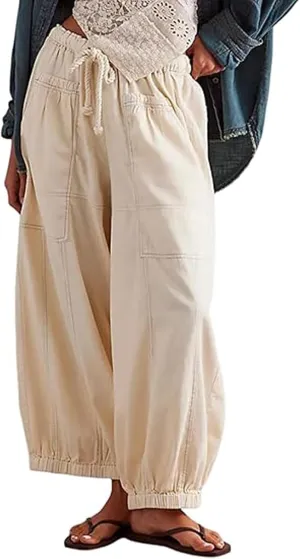 loveimgs Women Baggy Jeans Elastic Waist Cargo Denim Pants Y2k Patchwork Wide Leg Barrel Jeans Drawstring Harem Pants
