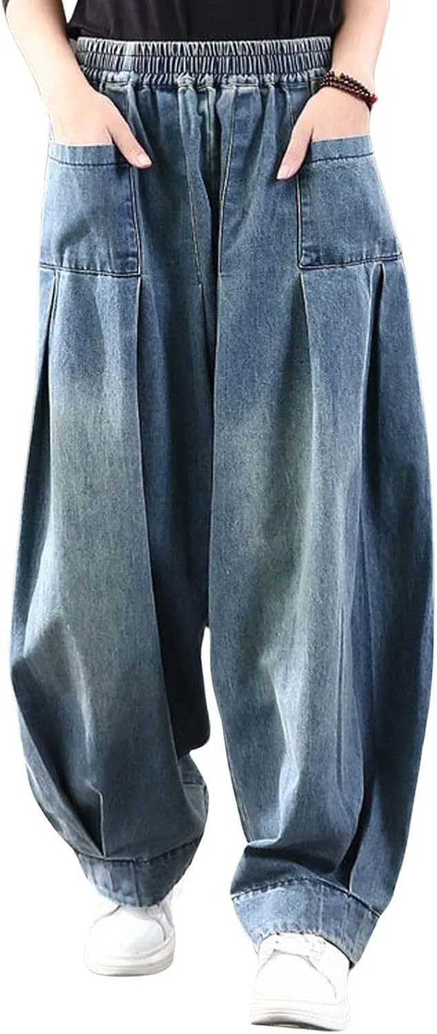 loveimgs Women Pleated Wide Leg Denim Pants Baggy Boyfriend Barrel Jeans Elastic Waist Balloon Harem Pants Y2k