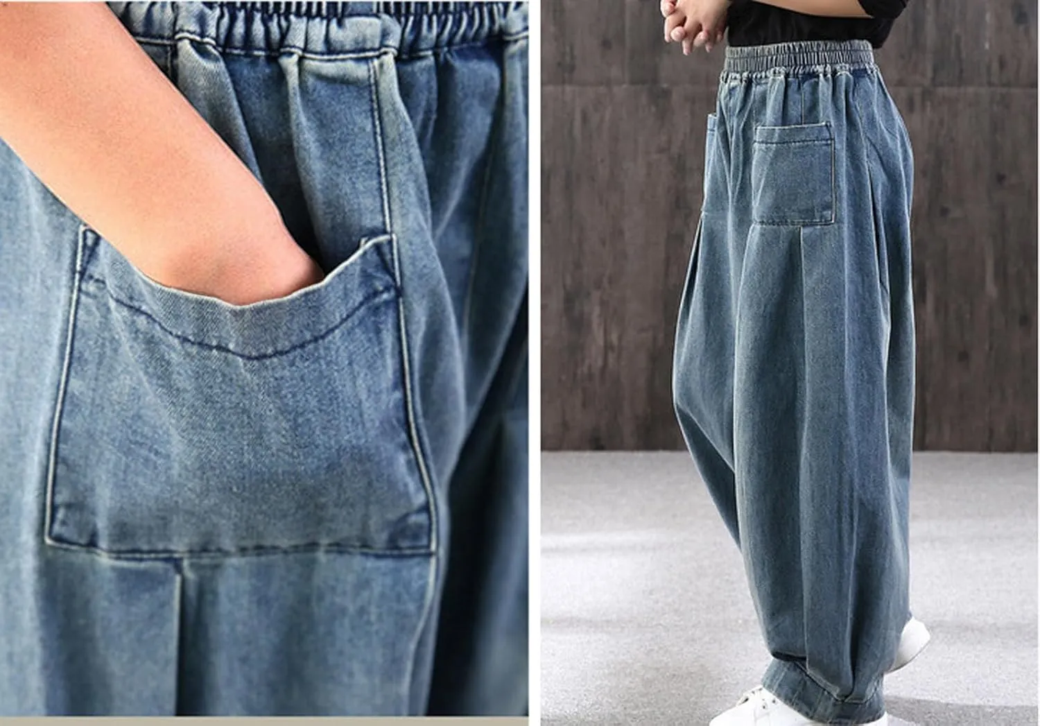 loveimgs Women Pleated Wide Leg Denim Pants Baggy Boyfriend Barrel Jeans Elastic Waist Balloon Harem Pants Y2k