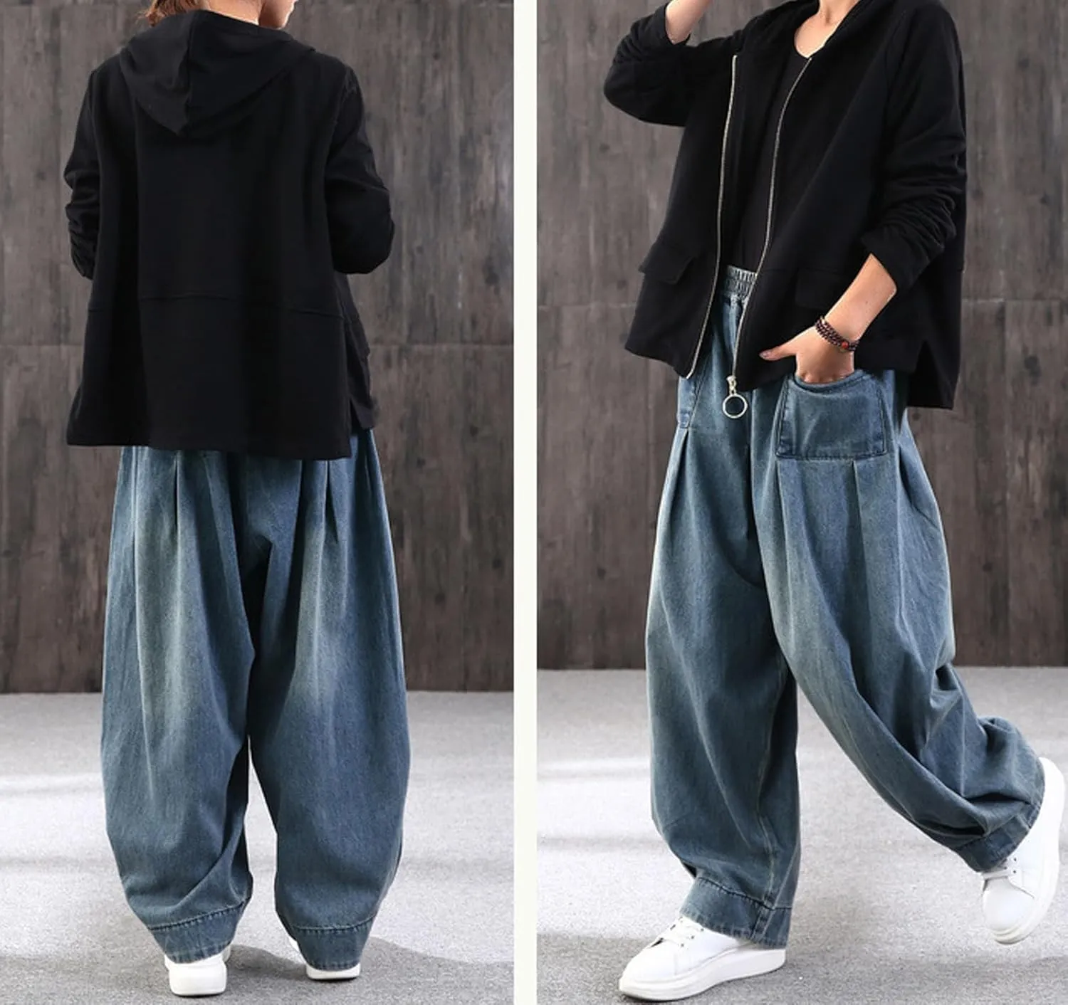 loveimgs Women Pleated Wide Leg Denim Pants Baggy Boyfriend Barrel Jeans Elastic Waist Balloon Harem Pants Y2k