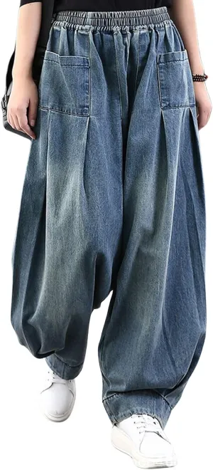 loveimgs Women Pleated Wide Leg Denim Pants Baggy Boyfriend Barrel Jeans Elastic Waist Balloon Harem Pants Y2k