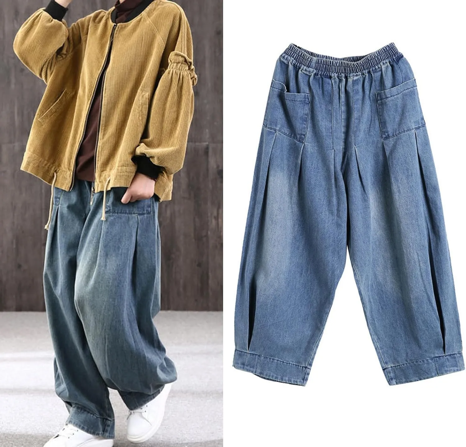 loveimgs Women Pleated Wide Leg Denim Pants Baggy Boyfriend Barrel Jeans Elastic Waist Balloon Harem Pants Y2k