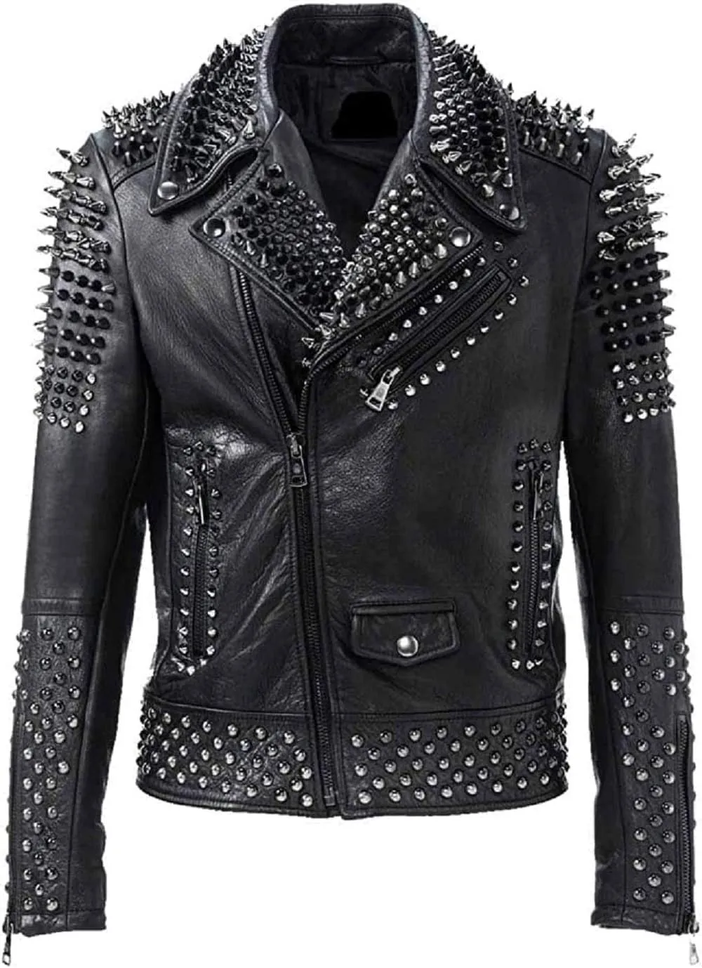 LP-FACON Mens Rock Punk Studded Leather Jacket - Brando Motorcycle Black Biker Leather Jacket Motorbike Spike Outerwear