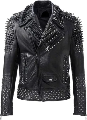 LP-FACON Mens Rock Punk Studded Leather Jacket - Brando Motorcycle Black Biker Leather Jacket Motorbike Spike Outerwear