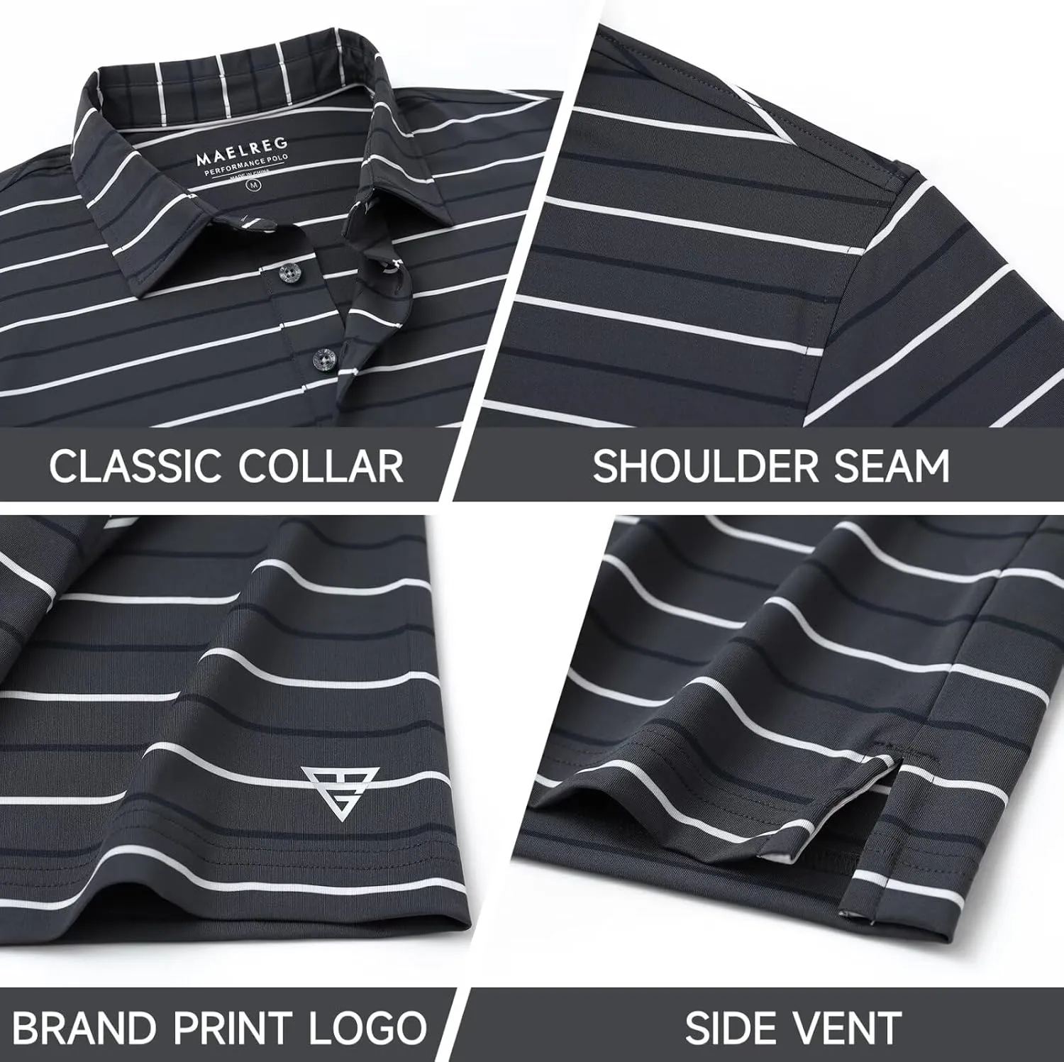 M MAELREG Golf Shirts for Men Short Sleeve Dry Fit Striped Performance Lightweight Moisture Wicking Collared Casual Golf Polo