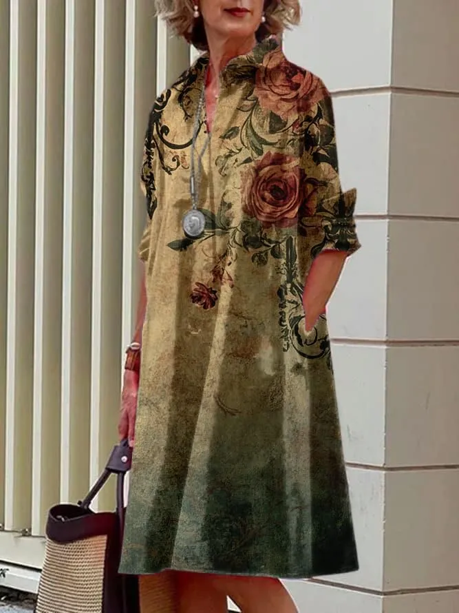 MARSVOVO Womens Linen Long Sleeve Midi Printed Button Down Shirt Dress Plus Size Loose Shirt Dresses for Women with 2 Pockets