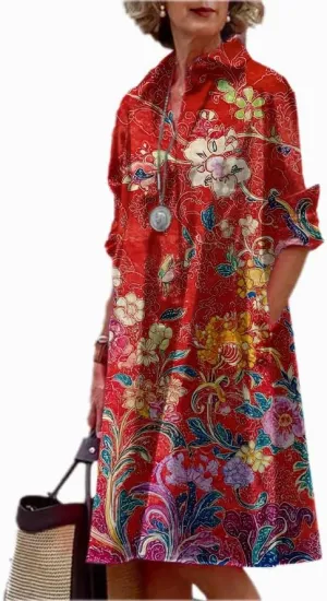 MARSVOVO Womens Linen Long Sleeve Midi Printed Button Down Shirt Dress Plus Size Loose Shirt Dresses for Women with 2 Pockets
