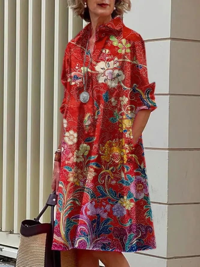 MARSVOVO Womens Linen Long Sleeve Midi Printed Button Down Shirt Dress Plus Size Loose Shirt Dresses for Women with 2 Pockets