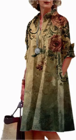 MARSVOVO Womens Linen Long Sleeve Midi Printed Button Down Shirt Dress Plus Size Loose Shirt Dresses for Women with 2 Pockets