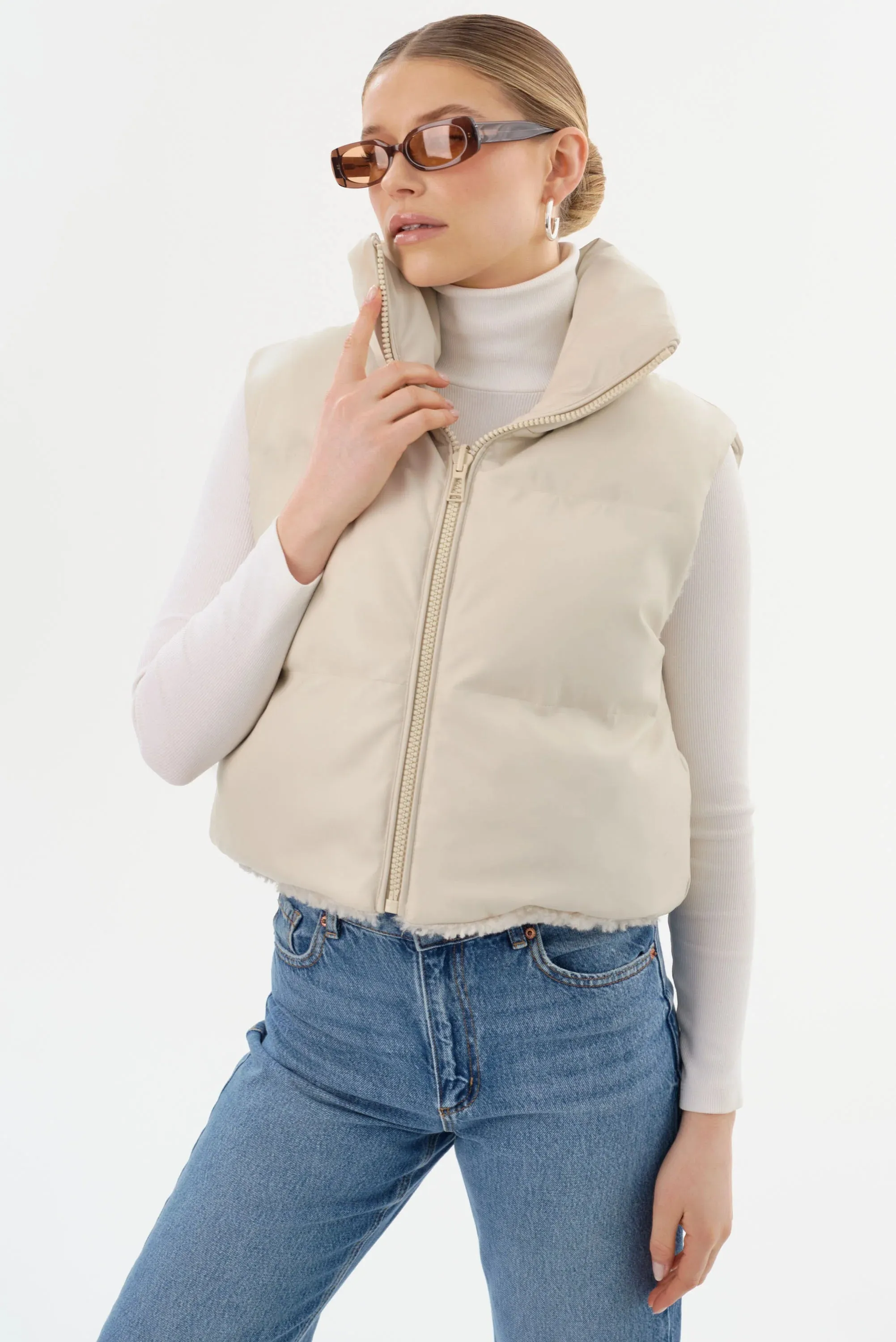 Melicia Reversible Puffer Vest - Bone Ecru