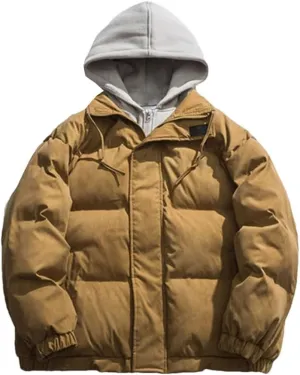 Men Winter Color Contrast Fake Two Piece Cotton-Padded Jacket Hooded Loose Parka Couple Coat