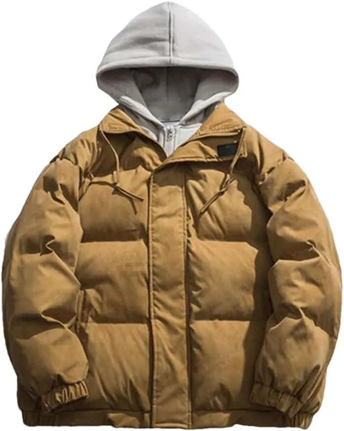 Men Winter Color Contrast Fake Two Piece Cotton-Padded Jacket Hooded Loose Parka Couple Coat