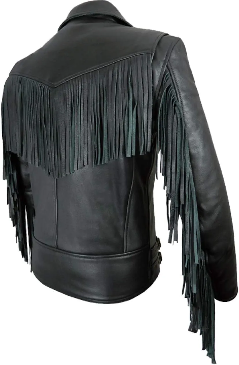 Men's Biker Rider Motorcycle Motorbike Club Genuine Cowhide Black Leather Fringed Jacket