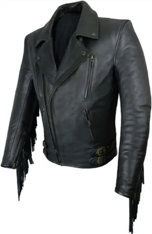 Men's Biker Rider Motorcycle Motorbike Club Genuine Cowhide Black Leather Fringed Jacket