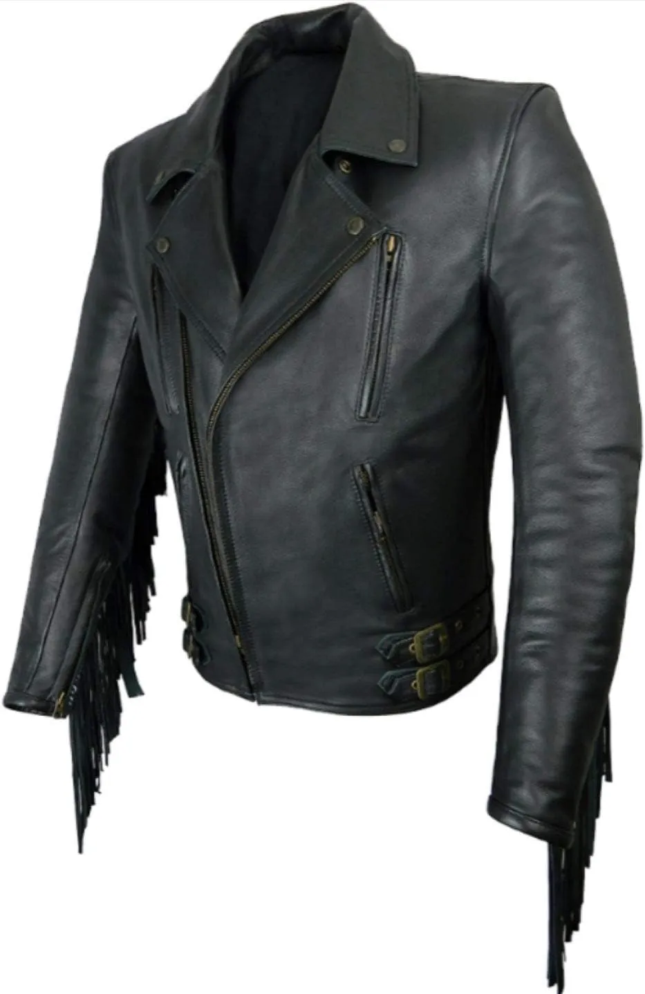 Men's Biker Rider Motorcycle Motorbike Club Genuine Cowhide Black Leather Fringed Jacket