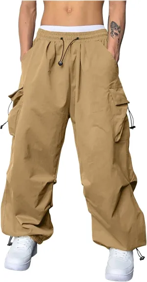 Mens Cargo Pants Casual Lightweight Elastic Waist Drawstring Pant Streetwear with Multiple Pockets