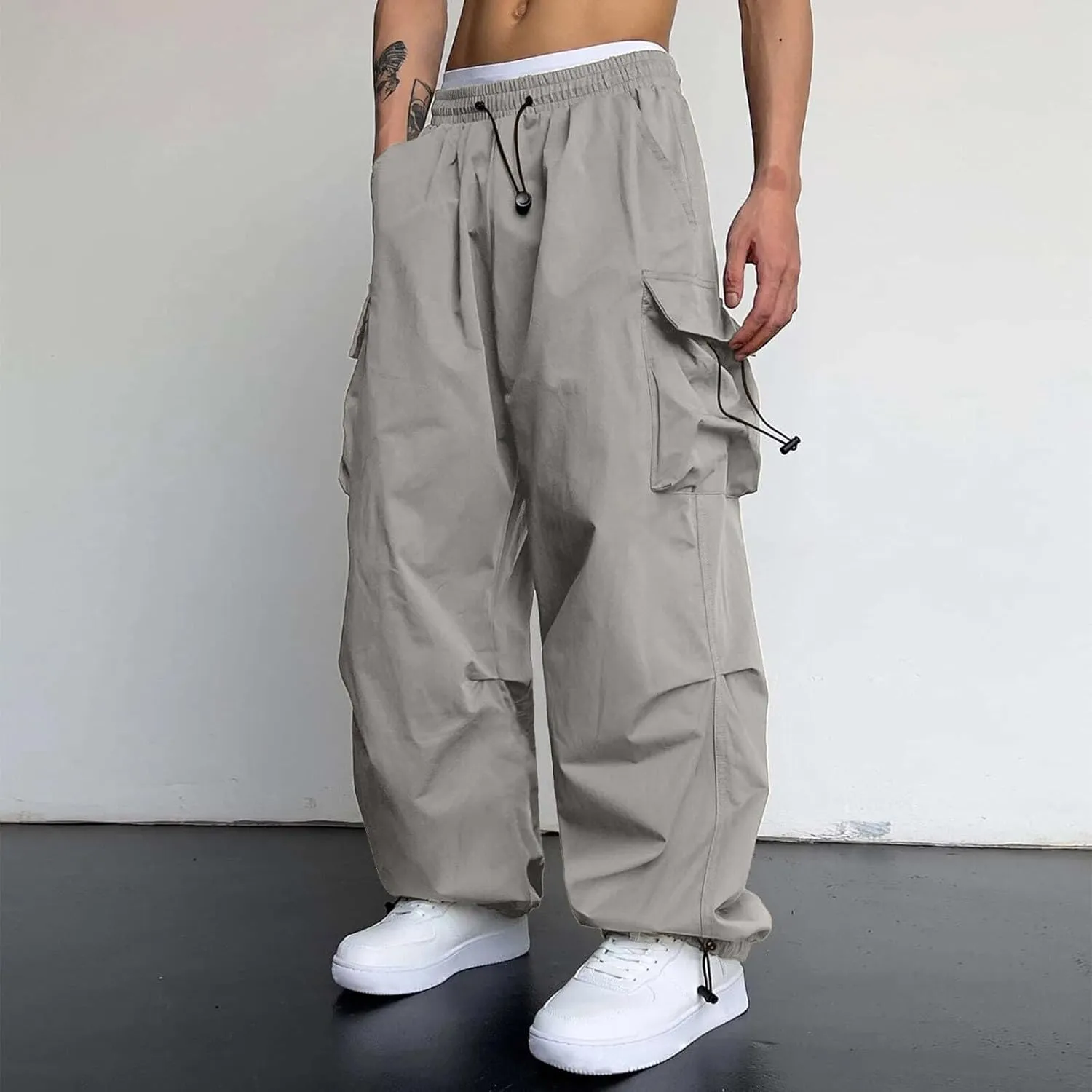Mens Cargo Pants Casual Lightweight Elastic Waist Drawstring Pant Streetwear with Multiple Pockets