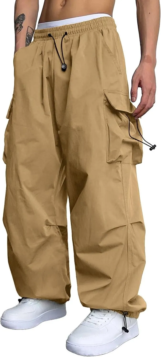 Mens Cargo Pants Casual Lightweight Elastic Waist Drawstring Pant Streetwear with Multiple Pockets
