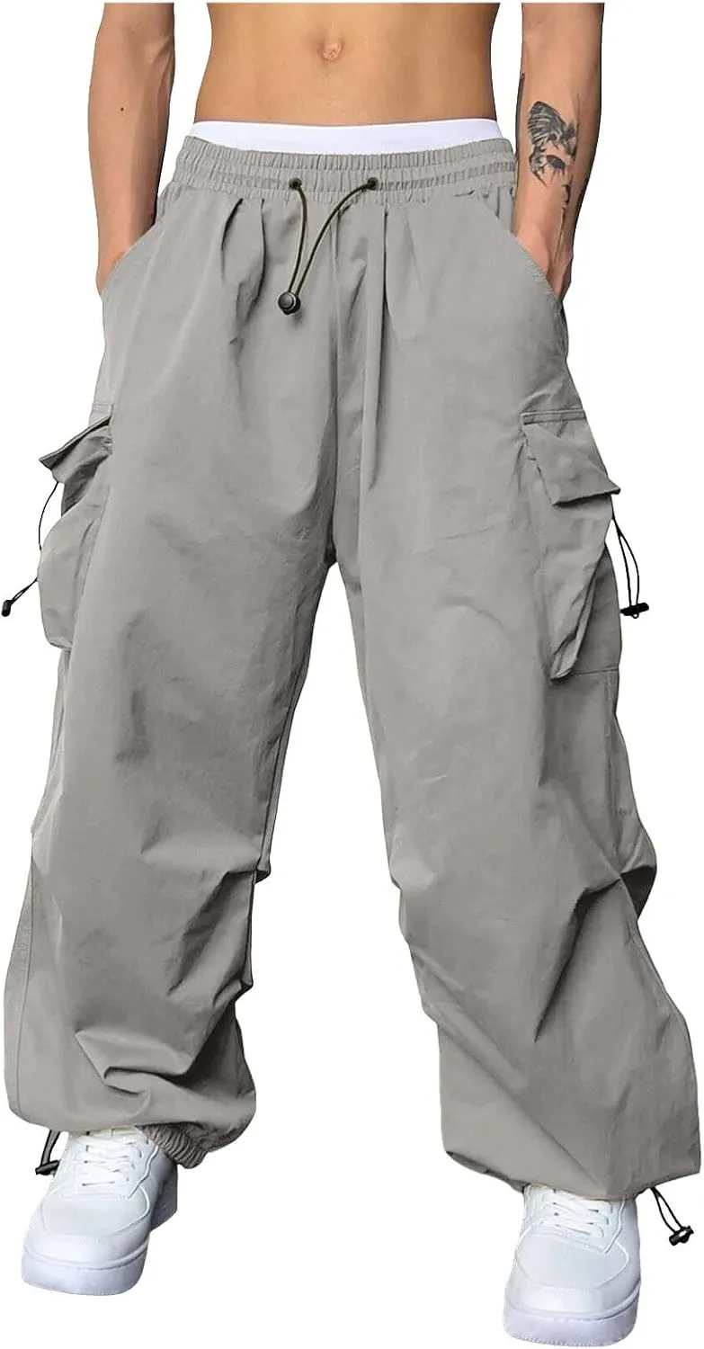 Mens Cargo Pants Casual Lightweight Elastic Waist Drawstring Pant Streetwear with Multiple Pockets