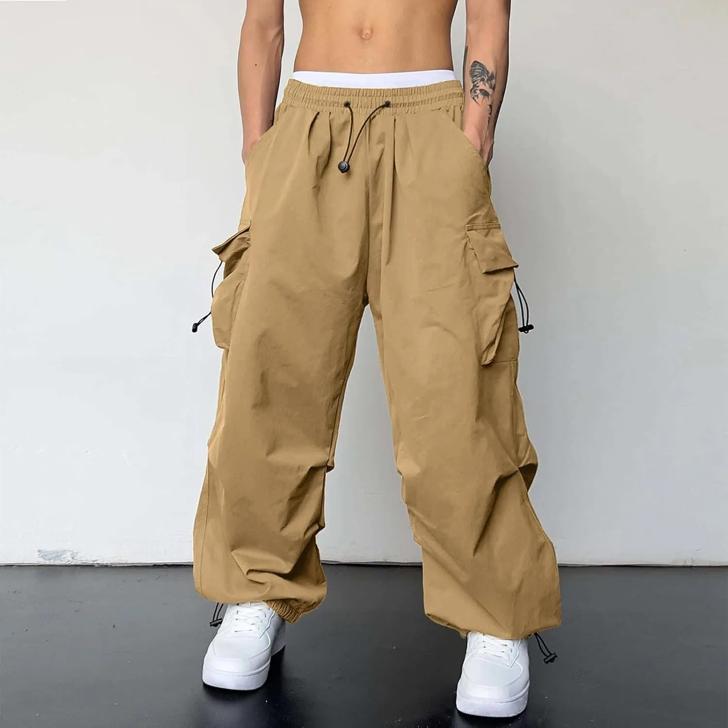 Mens Cargo Pants Casual Lightweight Elastic Waist Drawstring Pant Streetwear with Multiple Pockets
