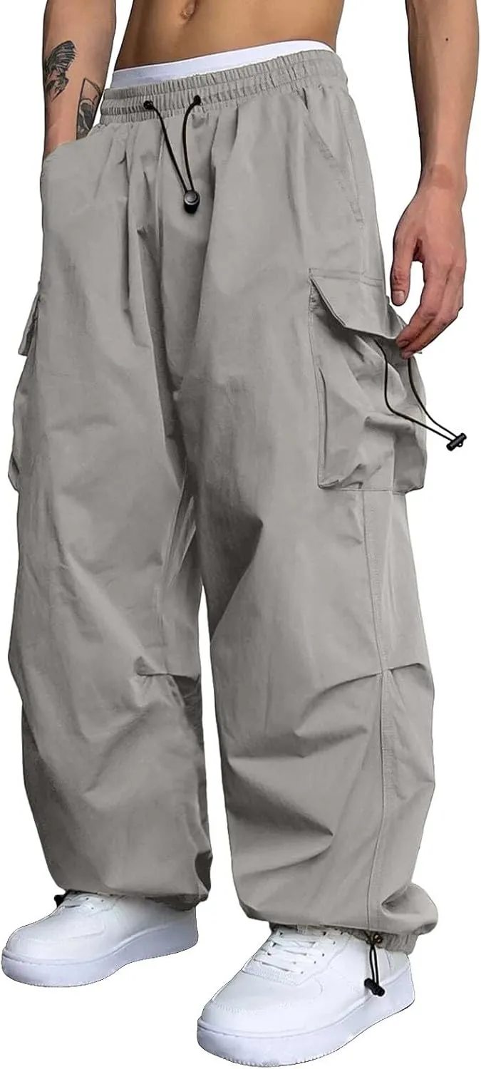 Mens Cargo Pants Casual Lightweight Elastic Waist Drawstring Pant Streetwear with Multiple Pockets