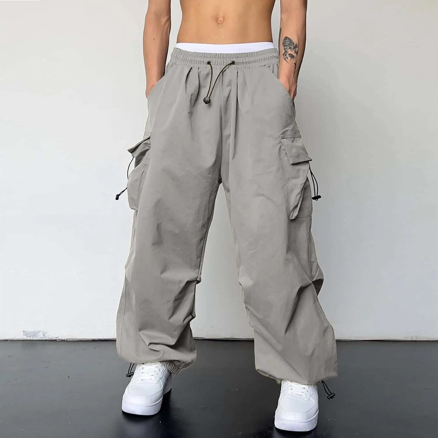 Mens Cargo Pants Casual Lightweight Elastic Waist Drawstring Pant Streetwear with Multiple Pockets