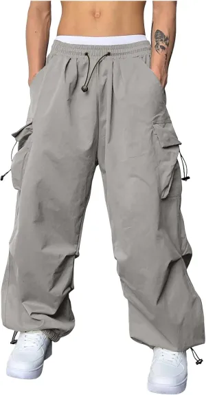 Mens Cargo Pants Casual Lightweight Elastic Waist Drawstring Pant Streetwear with Multiple Pockets