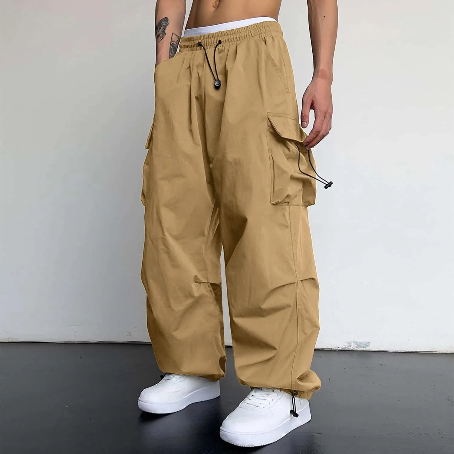 Mens Cargo Pants Casual Lightweight Elastic Waist Drawstring Pant Streetwear with Multiple Pockets