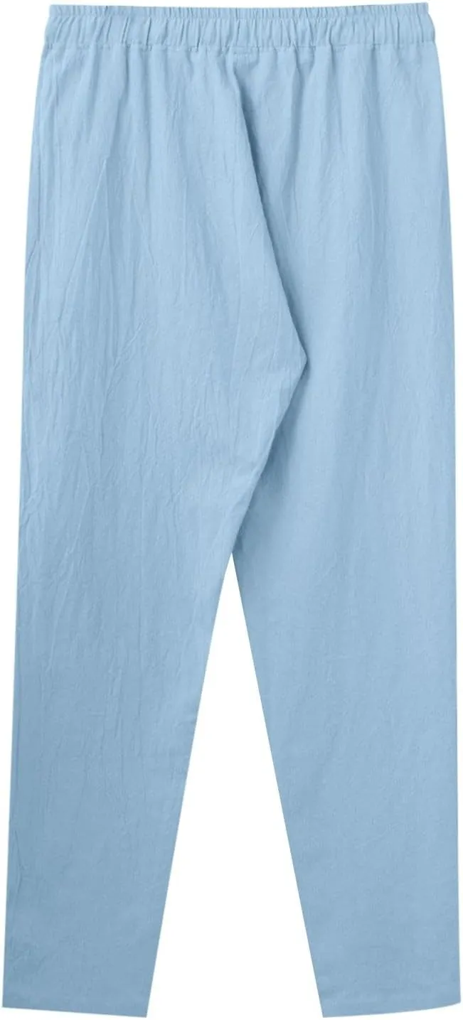 Mens Casual Cotton Linen Pants, Loose Fit Elastic Drawstring Waist Straight-Legs Summer Yoga Beach Long Pants