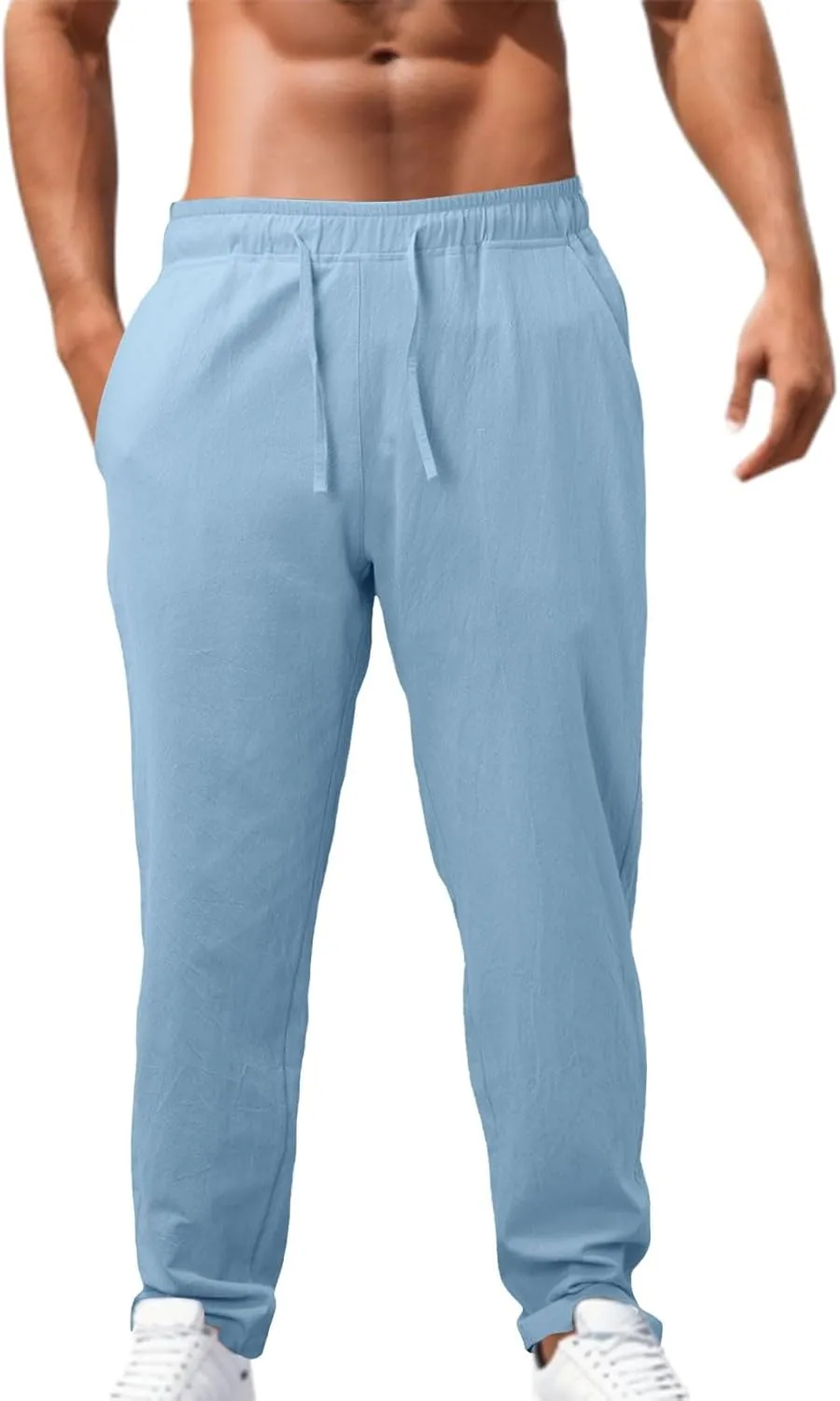 Mens Casual Cotton Linen Pants, Loose Fit Elastic Drawstring Waist Straight-Legs Summer Yoga Beach Long Pants