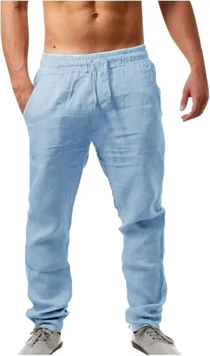 Mens Casual Cotton Linen Pants, Loose Fit Elastic Drawstring Waist Straight-Legs Summer Yoga Beach Long Pants