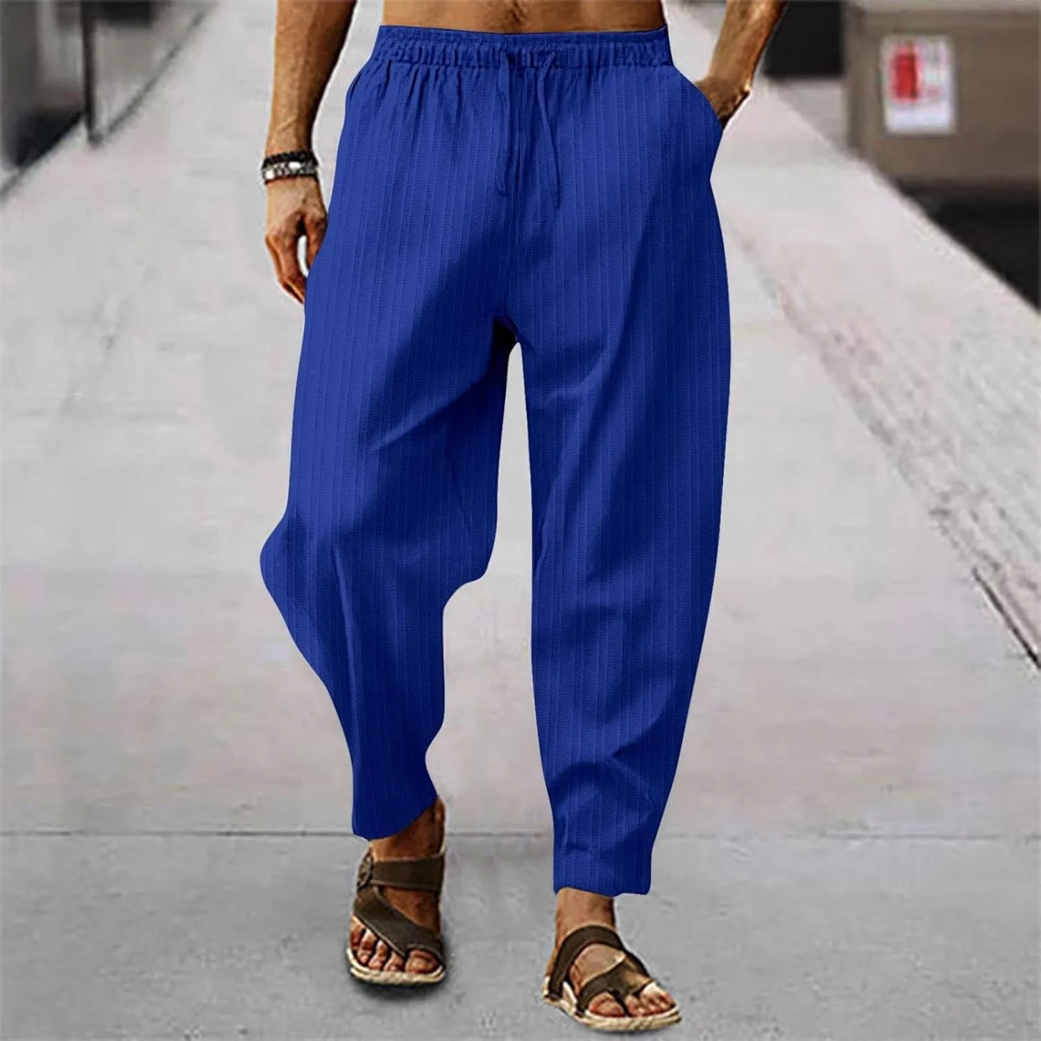Mens Cotton Linen Pants Elastic Drawstring Waist Trouser Casual Loose Fit Yoga Beach Pants Striped Hip Hop Sports Pants