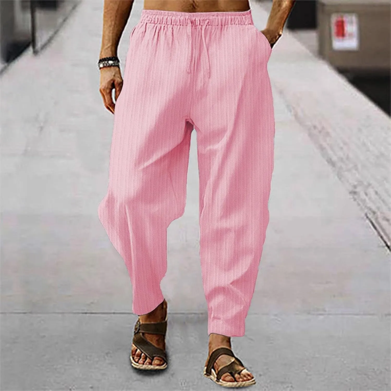 Mens Cotton Linen Pants Elastic Drawstring Waist Trouser Casual Loose Fit Yoga Beach Pants Striped Hip Hop Sports Pants