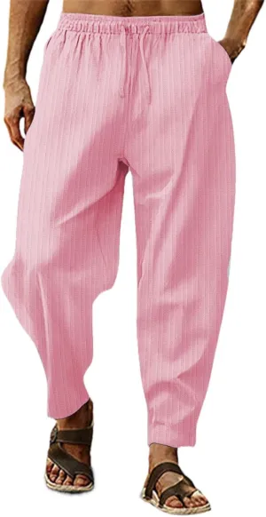 Mens Cotton Linen Pants Elastic Drawstring Waist Trouser Casual Loose Fit Yoga Beach Pants Striped Hip Hop Sports Pants