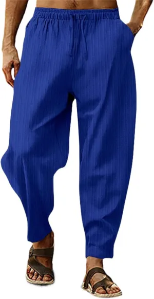 Mens Cotton Linen Pants Elastic Drawstring Waist Trouser Casual Loose Fit Yoga Beach Pants Striped Hip Hop Sports Pants