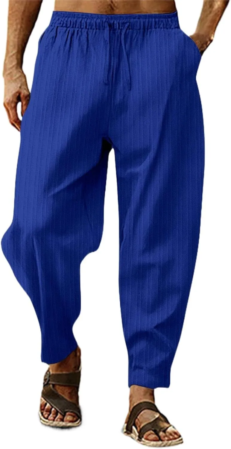 Mens Cotton Linen Pants Elastic Drawstring Waist Trouser Casual Loose Fit Yoga Beach Pants Striped Hip Hop Sports Pants