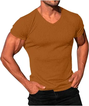 Mens Knit T Shirts Slim Fit Casual V Neck Short Sleeve Men Fashion Ribbed Knit Vintage Sweater Tee Pullover Shirts