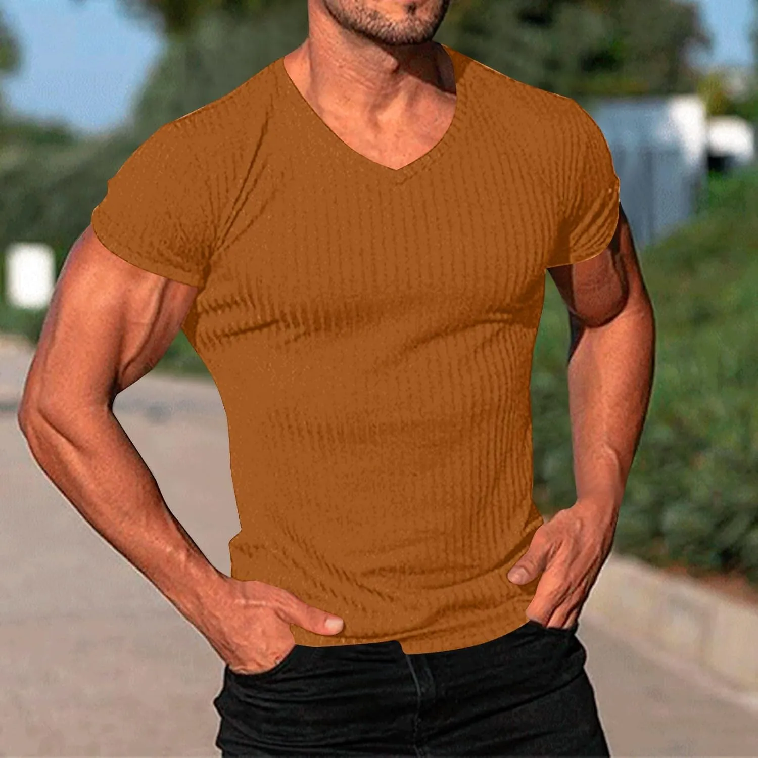Mens Knit T Shirts Slim Fit Casual V Neck Short Sleeve Men Fashion Ribbed Knit Vintage Sweater Tee Pullover Shirts
