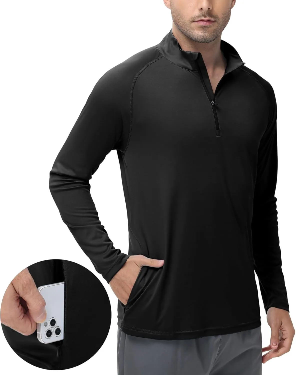 Men's Long Sleeve Sun Shirts UPF 50  1/4 Zip Fishing Running Rash Guard Tee Shirts UV Protection Hiking Outdoor Shirt