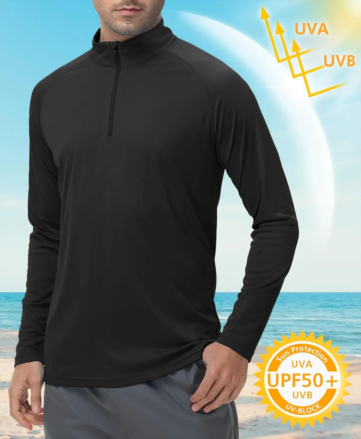 Men's Long Sleeve Sun Shirts UPF 50  1/4 Zip Fishing Running Rash Guard Tee Shirts UV Protection Hiking Outdoor Shirt
