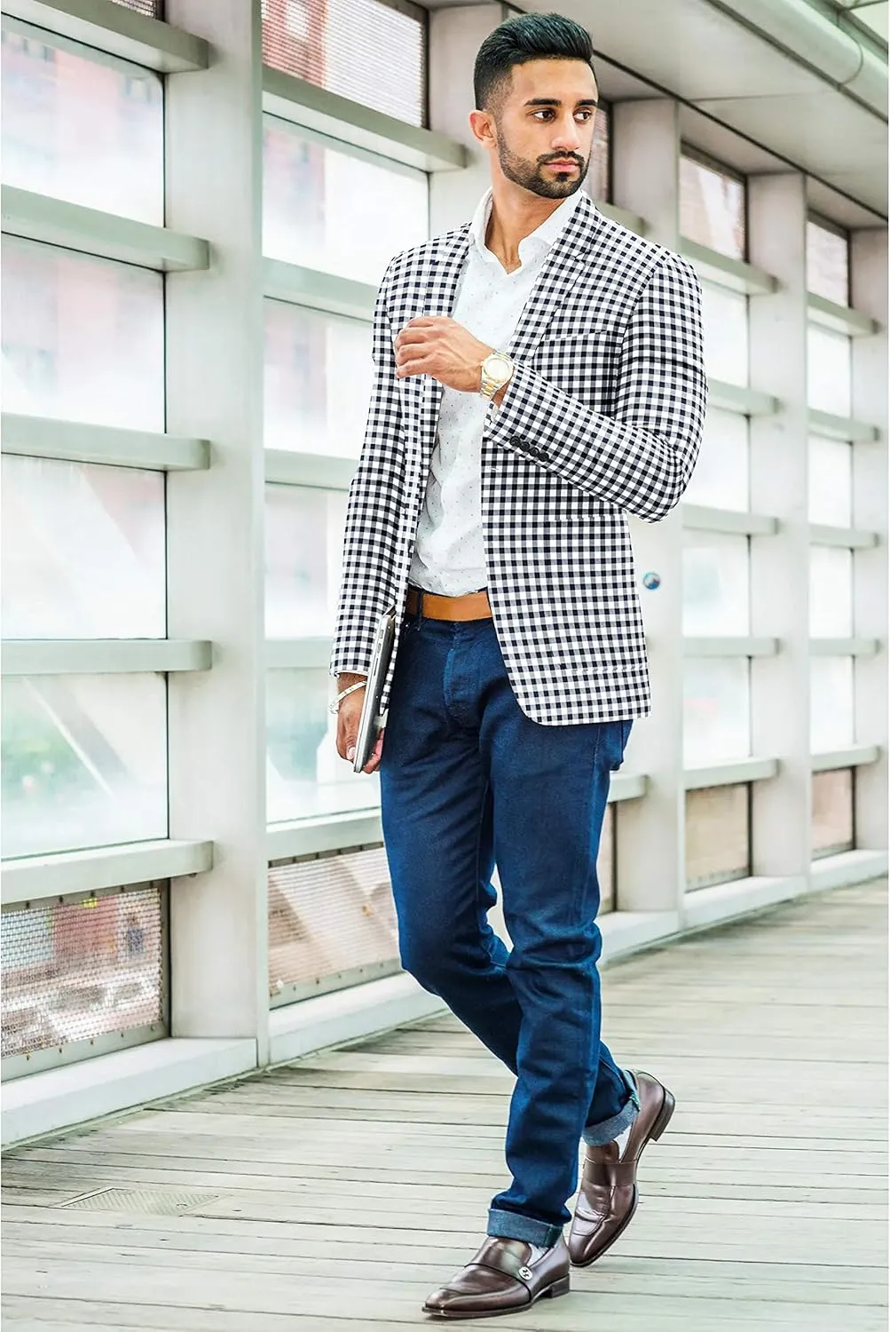 Men's Plaid Blazer 2 Button Lightweight Regular Fit Checked Plaid Suit Sport Coat Jacket Casual Daily Dress Jacket Sport Coat