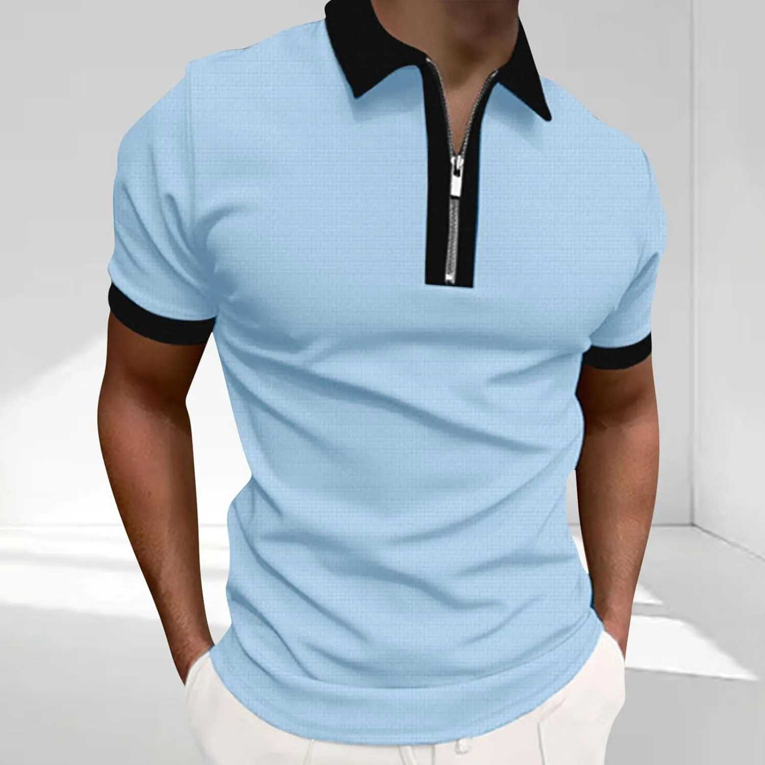 Mens Quarter Zip Short Sleeve Shirts Waffle Casual Colorblock Golf Shirt Moisture Wicking Collared T-Shirt Slim Fit 2025