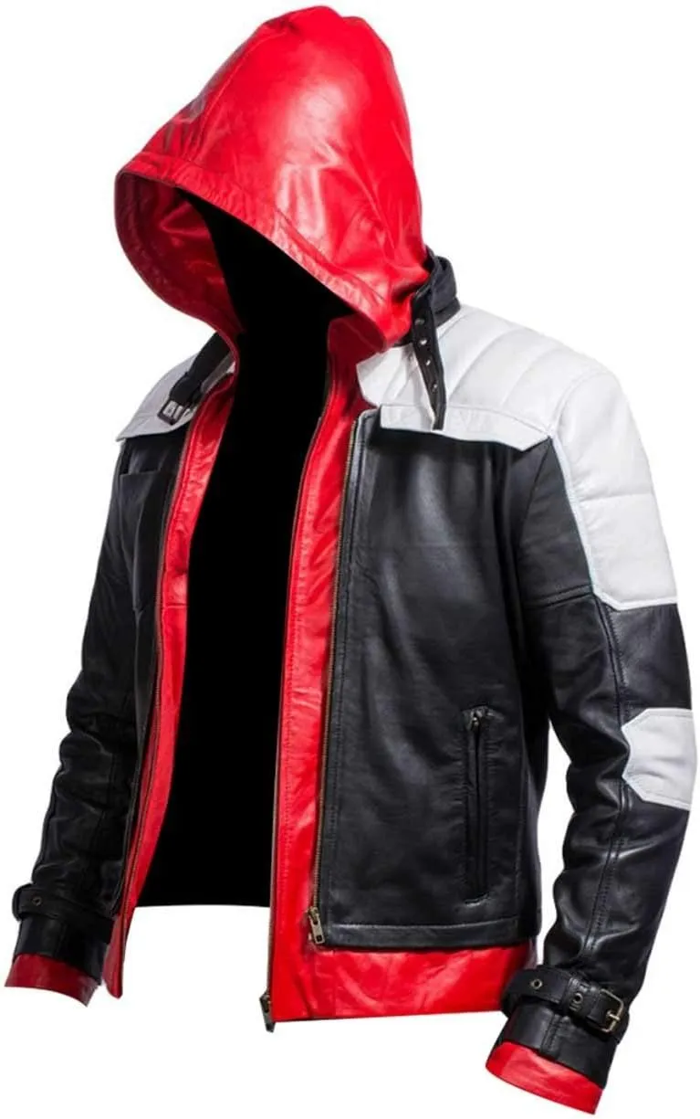 Men's Red Black Faux Leather Motorcycle Jacket - Red Hooded Faux Leather Jacket Biker Jacket Men