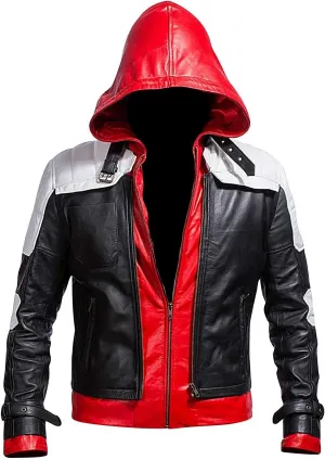 Men's Red Black Faux Leather Motorcycle Jacket - Red Hooded Faux Leather Jacket Biker Jacket Men